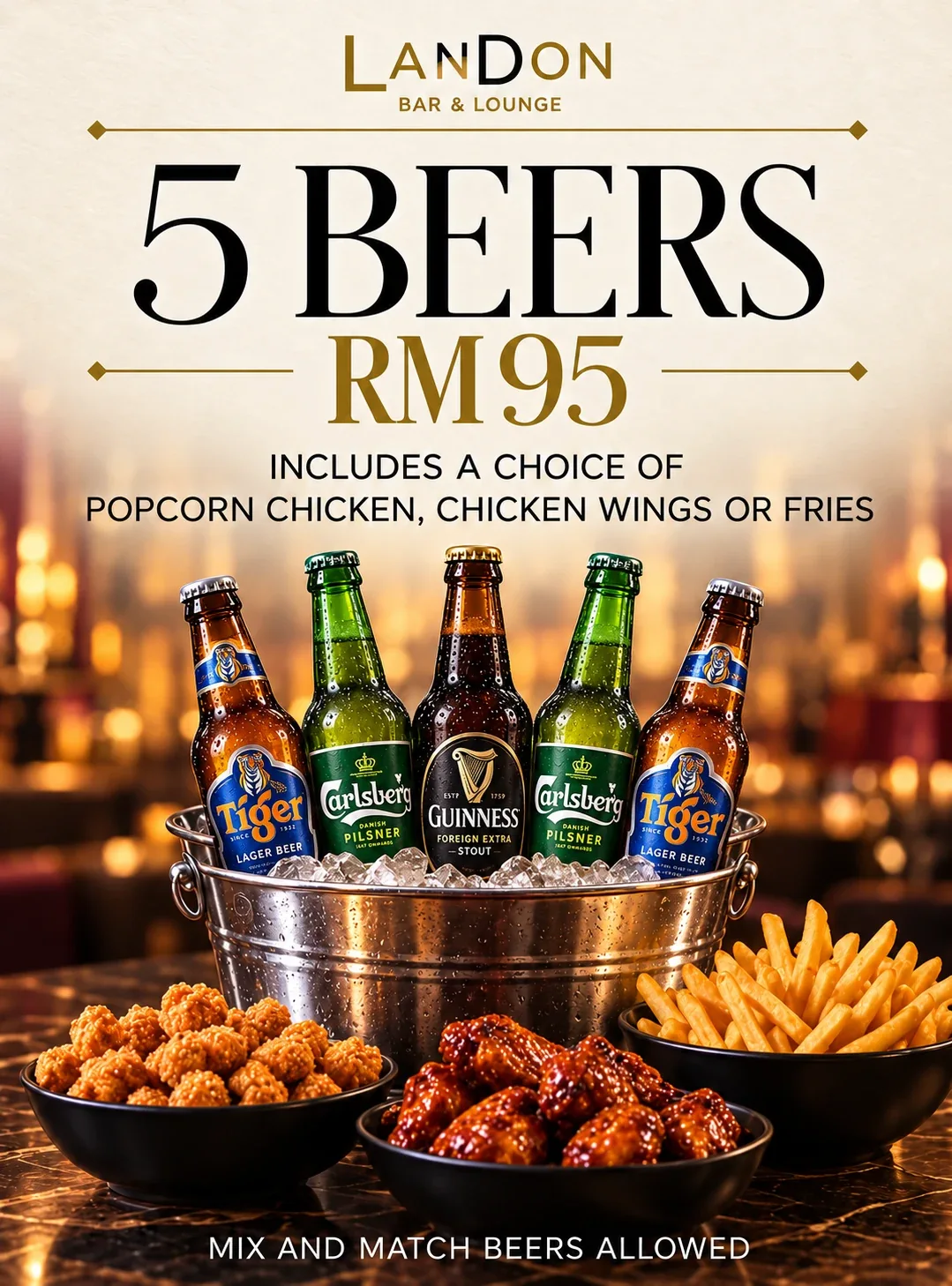 Five bottles of Tiger, Carlsberg and Guinness Stout in one ice bucket, with food choices